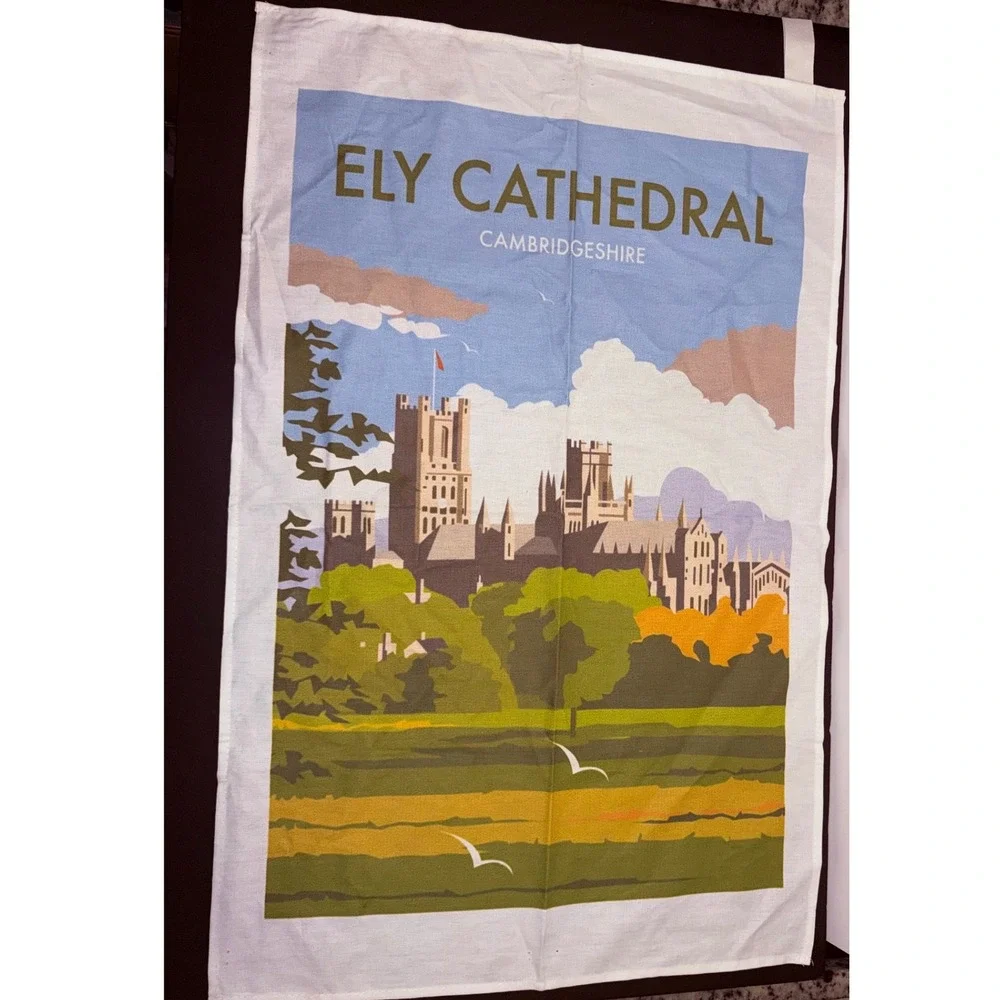 Ely Cathedral Cambridgeshire England Souvenir Tea Towel Vintage Style Graphic